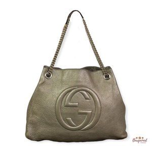 Authentic GUCCI Gold Metallic Pebbled Calfskin Medium Soho Chain Shoulder Bag